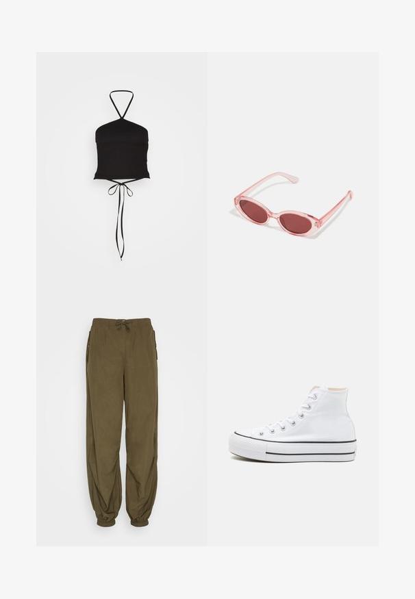 Pieces PCKUPA CROPPED - Μπλούζα - black; ONLY ONLJOANNE LOOSE PANT - Παντελόνι - olive night; Λευκά ψηλά αθλητικά παπούτσια από καμβά, με μαύρη καουτσούκ σόλα και αντίθετη μαύρη ρίγα στη μεσόσολα. Κυκλική μύτη και σχέδιο με κορδόνια.; Ροζ διαφανή γυαλιά ηλίου με ωοειδείς φακούς, σκούρο κόκκινο τόνισμα και κομψούς βραχίονες, με απαλή υφή και διακριτές λεπτομέρειες στο σκελετό.