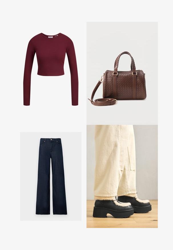 Bordeaux crop top, lange ærmer, ribbet tekstur, rund halsudskæring, blødt materiale, tætsiddende design. Etiketter vist ved halsen.; Mørkeblå vidde jeans i denim med frontknap, bæltestropper og fem-lomme design på en ensfarvet baggrund.; Sorte platformstøvler med en rund tå, der har en fluffy cremefarvet krave og snøre detaljer, parret med løse beige bukser på et trægulv.; Mørkebrun flettet læderhåndtaske med to fletninger som håndtag, gyldent metalbeslag og aftagelig skulderrem, der er snoet foran.