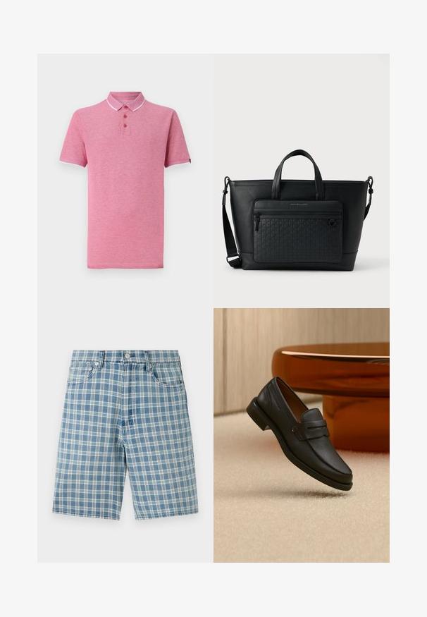 Rosa Poloshirt mit kurzen Ärmeln, geripptem Kragen, drei-Knopf-Leiste und kontrastierendem weißen Besatz am Kragen und an den Ärmeln.; Hellblaue Karobluse-Shorts aus einem Baumwollmix, mit fünf Taschen, Knopfverschluss und lockerer Passform. Die Textur ist glatt und weich.; Schwarzer Leder-Herrenloafer mit einem Band über dem Spann, auf beigem Teppich neben einem braunen modernen runden Tisch präsentiert.; Schwarze Ledertasche mit zwei oberen Griffen, verstellbarem Schulterriemen und einer strukturierten Vordertasche mit einem dezenten gewebten Muster.