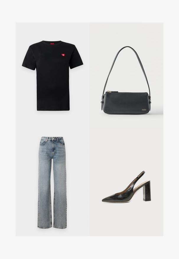Zwarte katoenen T-shirt met korte mouwen, ronde halslijn, voorzien van een klein rood hartlogo met de tekst "HUGO" op de linkerborst.; Lichtblauwe denimjeans met een hoge taille, wijde pijpen, vervaagd afwerking en subtiele versleten details. Klassieke vijf-pocket styling.; Zwarte leren slingback schoen met spits toelopend neusje, hoge blokhak en beige binnenvoering tegen een effen lichte achtergrond.; Zwarte rechthoekige lederen schoudertas met gouden ritssluiting en klein goudkleurig "HUGO"-logo aan de voorkant, voorzien van een verstelbare riem met gesp.