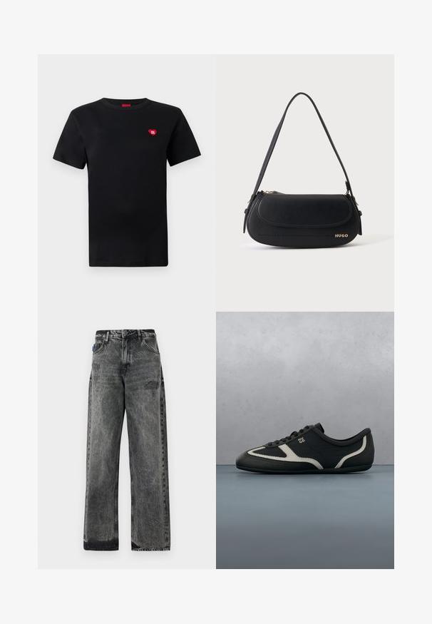 Zwarte katoenen T-shirt met korte mouwen, ronde halslijn, voorzien van een klein rood hartlogo met de tekst "HUGO" op de linkerborst.; Zwarte denim jeans met wijde pijpen, een vervaagde wassing, verweringdetails aan de voorkant en een standaard vijf-pocketontwerp.; Zwarte sneaker met een bovenwerk van gestructureerd leer, contrasterende grijze accenten, een ronde neus en een vlakke zool. Voorzien van veters en een merklogo aan de zijkant.; Zwarte leren schoudertas met gebogen klep, gouden "HUGO" logo aan de voorkant en een enkele verstelbare riem.