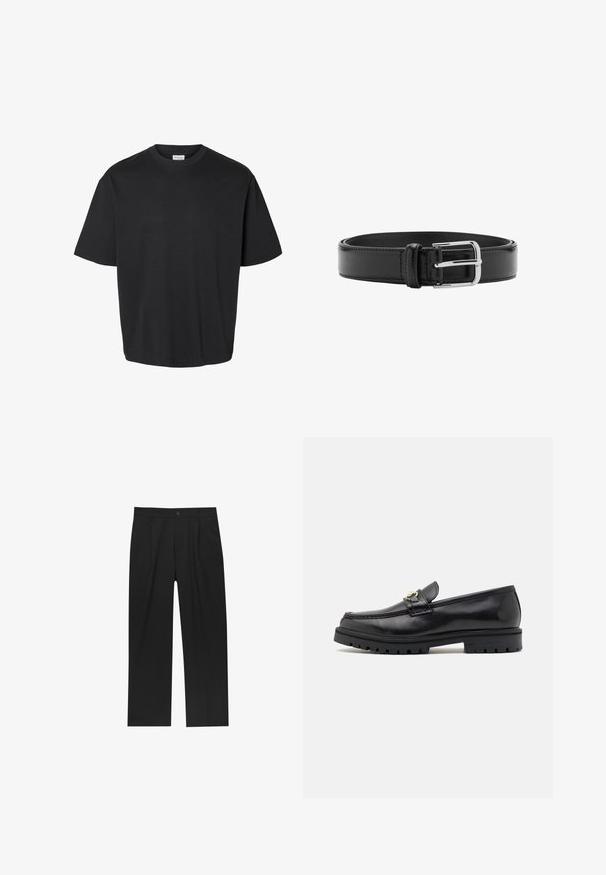Sort t-shirt med korte ærmer og rund hals med en afslappet pasform og en synlig hvid label inden i kraven.; Sorte bukser med lige ben, lavet af et glat stof. Har frontfolder og en enkelt knaplukning i taljen.; Sorte læder loafers med en glat finish, rund tå, en dekorativ rem med guldhardware og en robust sort sål.; Sort læderbælte med synlige syninger og en skinnende sølvspænde lagt fladt i en sammenrullet position på en hvid baggrund.