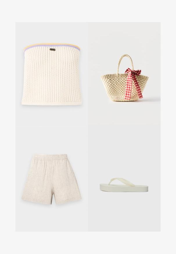 Top sin mangas de punto en color crema con textura acanalada. Acentuado con ribetes en amarillo, púrpura y azul. Incluye un pequeño logo de la marca metálico.; Pantalones cortos de color beige claro con textura acanalada vertical, cintura elástica y corte relajado. La tela es suave y transpirable.; Chanclas de color crema claro con suela plana, tiras gruesas texturizadas y un acabado suave. Material suave, diseño minimalista y sin marca destacada.; Bolso tote de paja tejido con asas trenzadas y un lazo de cinta a cuadros rojos y blancos atado a un lado.