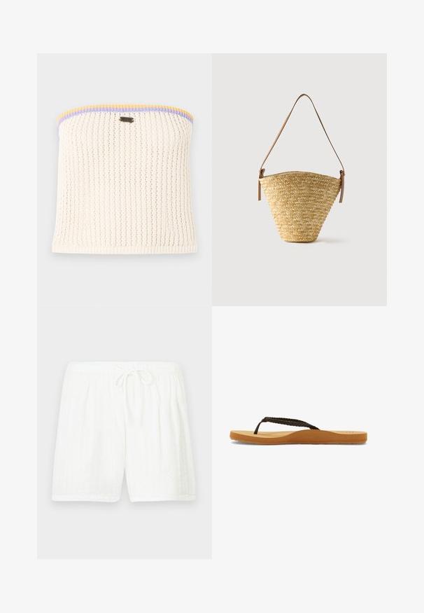 Cremefarvet strikket strapless top med ribbet tekstur. Accentueret med gul, lilla og blå kant. Inkluderer et lille metalmærke logo.; Hvide bomuldsshorts med elastisk talje og snøre. Har et tekstureret mønster med lodrette striber og sidelommer.; Brune flettede rem flip-flop med en blød sål og tan fodseng, der har et afrundet design og struktureret gummisål for godt greb.; Flettet stråtaske med bred bund, smal top og justerbar brun læder skulderrem.