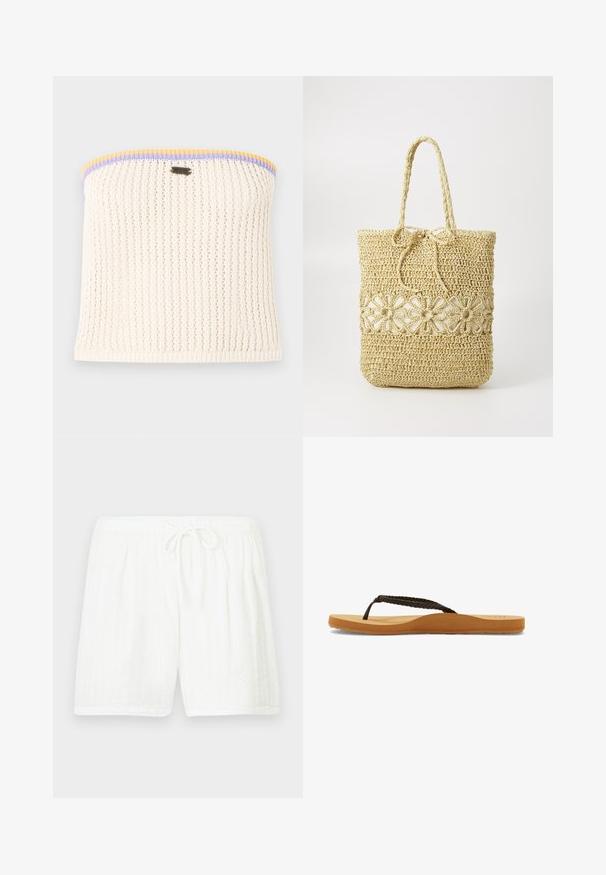 Top sin mangas de punto en color crema con textura acanalada. Acentuado con ribetes en amarillo, púrpura y azul. Incluye un pequeño logo de la marca metálico.; Pantalones cortos blancos de algodón con cintura elástica y cordón. Presentan un patrón texturizado con rayas verticales y bolsillos laterales.; Chanclas de tiras trenzadas marrones con suela suave y plantilla color tostado, que presentan un diseño redondeado y suela de goma texturizada para mayor tracción.; Becksöndergaard WAFTED FAUNA BAG - Bolso shopping - light nature