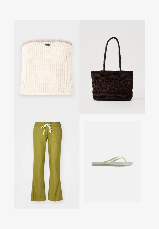 Haut sans bretelles en tricot crème avec une texture côtelée. Accentué de bordures jaunes, violettes et bleues. Comprend un petit logo métallique de la marque.; Pantalons évasés en lin vert avec une taille élastique et un cordon de serrage ajustable. Comprend deux poches latérales et une texture lisse.; Tongs en caoutchouc blanc cassé, à bride fine et semelle texturée, vues de côté sur un fond uni.; Sac fourre-tout tissé brun foncé avec des motifs floraux et deux longues poignées tressées sur un fond clair uni.
