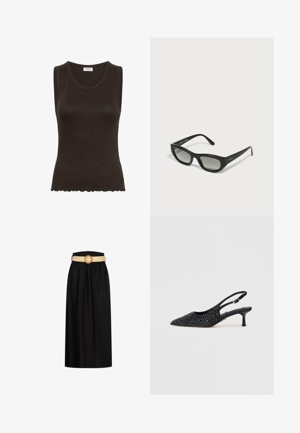 Donkerbruine geribde mouwloze gebreide top met ronde hals en golvende zoom.; Zwarte midi-rok van zachte stof, met een elastische tailleband en een geweven beige riem met een ronde gesp.; Zwarte slingback kitten heel schoen met een spitse neus, bedekt met kleine zwarte rhinestones op een witte achtergrond.; Zwarte zonnebril met een slank, rechthoekig montuur. Voorzien van donkere gradient lenzen en gouden 'vogue' branding op de slapen.