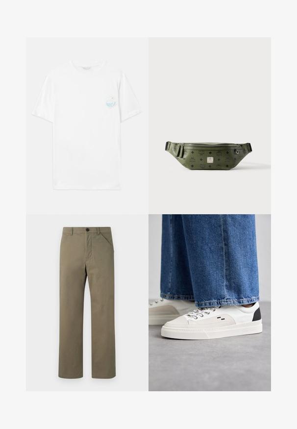 Witte katoenen t-shirt met korte mouwen, voorzien van een kleine meerkleurige grafische print op de linker borst met golven en de tekst "Out of Plastic."; Licht olijfgroene broek van soepel, stevig materiaal. Heeft een knoop- en ritsluiting, zijzakken en een rechte pijpenontwerp.; Witte en zwarte sneakers met een glad leren bovenwerk, textuuraccenten en een chunky witte zool. Heeft een klassiek vetersluiting ontwerp.; Olijfgroene textuurleren heuptas met zwarte logo's, zilveren ritssluiting, dubbele ritstrekkers en centrale zilveren merkembleem.