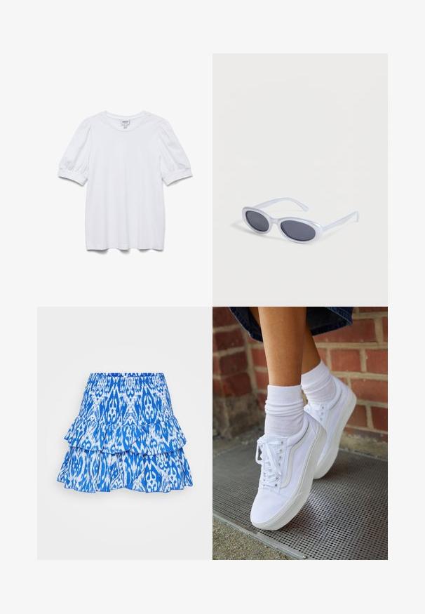 Witte top met korte mouwen, een ronde halslijn en pofmouwen. Gemaakt van een gladde stof en voorzien van een label met de tekst "AWARE."; Blauwe gelaagde rok met een levendig ikatpatroon. Bevat gerimpelde lagen en een elastische tailleband voor verstelbaarheid. Het materiaal lijkt lichtgewicht te zijn.; Witte canvas sneakers met rubberen zolen, voorzien van zes vetertjes, een ronde neus en lichte stikdetails, gecombineerd met witte enkelsokken.; Ovaalvormige zonnebril met wit montuur en donker getinte glazen, liggend op een witte ondergrond.