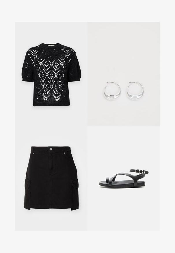 Haut noir à manches courtes en tricot avec un motif de dentelle ajourée complexe et col rond ainsi que poignets côtelés.; Jupe en denim noir avec une silhouette ajustée, fermeture à boutons sur le devant et deux poches cargo sur les côtés. Conçue avec des détails cousus.; Sandale plate noire avec une fine boucle d'orteil, des brides croisées et une bride de cheville ajustable avec boucle argentée, présentée sur un fond uni.; Boucles d'oreilles en argent avec une finition polie et un branding DKNY, présentées sur un fond blanc uni.