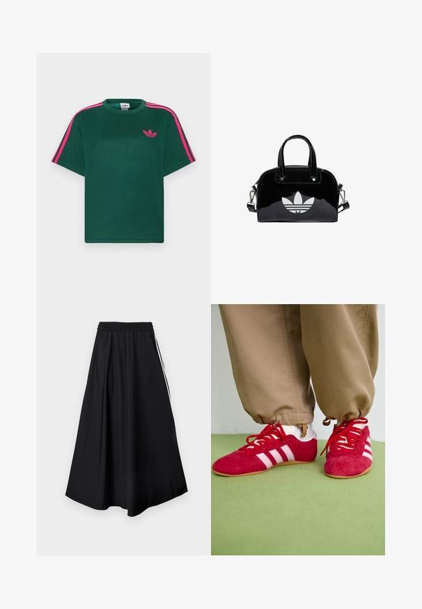 Groen T-shirt met korte mouwen, helderroze strepen op de schouders en het Adidas trefoil-logo op de borst.; Zwarte wijde broekspijpen met elastische tailleband en witte strepen aan de zijkant, weergegeven tegen een effen witte achtergrond.; Rode suède sportschoenen met witte strepen, vlakke rubberen zool en rode veters. Draag met beige broeken, gepositioneerd op een groene ondergrond.; Zwarte gepatenteerde leren handtas met een afgeronde vorm, dubbele handvaten bovenaan, zilveren accenten en een opvallend wit logo aan de voorkant.