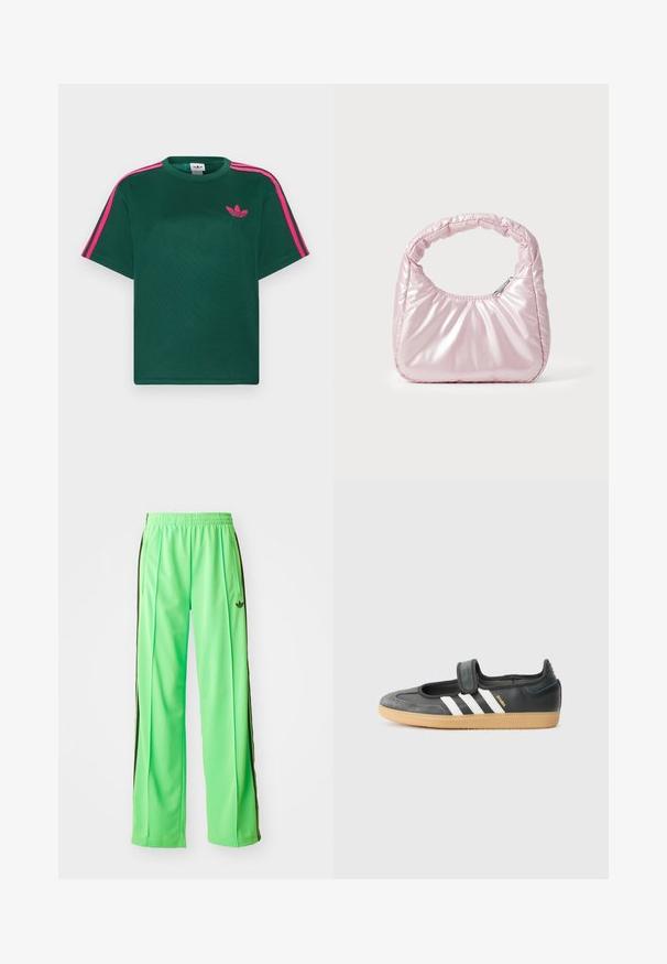 Grünes T-Shirt mit kurzen Ärmeln, leuchtend pinken Streifen auf den Schultern und Adidas-Trefoil-Logo auf der Brust.; Grüne Sporthose aus glattem, leichtem Material, mit schwarzen Seitestreifen und einem gestickten Logo auf der Vorderseite.; Schwarze Leder- und Wildledersneaker mit einem Klettverschluss, ausgestattet mit drei weißen Streifen und einer Gummisohle, beschriftet mit "SAMBA" an der Seite.; Rosa, gepolsterte Handtasche mit abgerundeter Form, aus glänzendem Material gefertigt. Verfügt über einen gerafften Griff und einen Reißverschluss für sicheren Zugang.