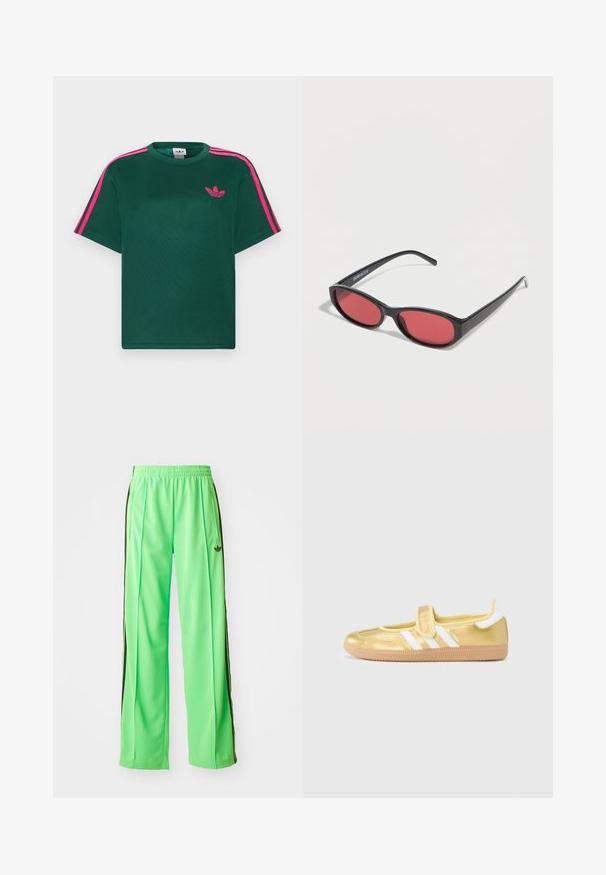 Grøn kortærmet t-shirt med lyserøde striber på skuldrene og Adidas trefoil-logo på brystet.; Grønne atletiske bukser lavet af glat, let materiale, med sorte sidestriber og et broderet logo på fronten.; Guld sneakers med hvide striber og velcrolukning. Glat metallisk finish, rundet tå og tekstureret gummisål.; Sorte ovale solbriller med tynde arme og rødtonede linser, der ligger på en hvid overflade.