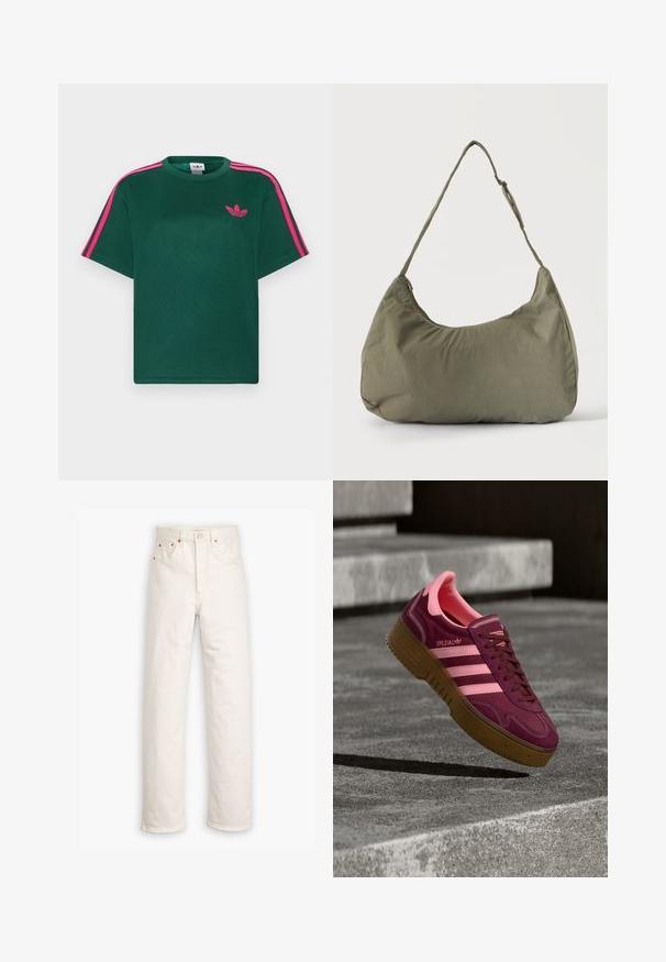 Camiseta verde de manga corta con franjas rosas brillantes en los hombros y el logotipo de trébol de Adidas en el pecho.; Jeans de mezclilla blanca con un diseño de pierna recta, estilo de cinco bolsillos y detalles de hardware en color cobre. Acabado sin dobladillo en los tobillos.; Zapatilla de ante color burdeos con detalles rosas, que presenta tres rayas, una suela de goma texturizada y puntera reforzada. Diseño limpio, perfil bajo.; Bolso de hombro de tela suave color verde oliva con cierre de cremallera y correa ajustable sobre un fondo liso y claro.