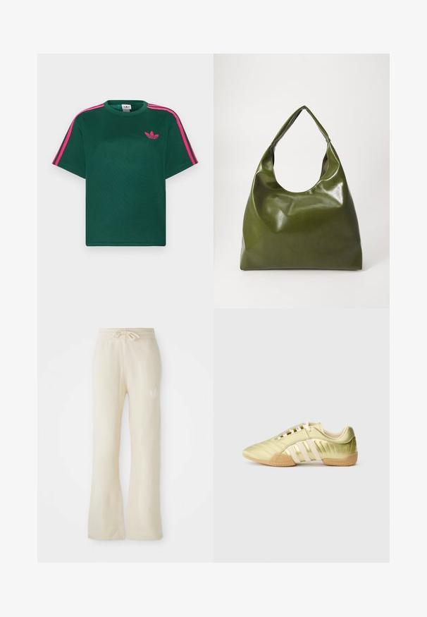 Grünes T-Shirt mit kurzen Ärmeln, leuchtend pinken Streifen auf den Schultern und Adidas-Trefoil-Logo auf der Brust.; Cremefarbene Jogginghose aus einem weichen Material, mit einem Kordelzugbund und ausgestellten Beinen. Subtiles Logo-Detail an der linken Hüfte.; Limettengrüner synthetischer Sportschuh mit glatter Textur, ausgestattet mit drei weißen Streifen, einem weichen Innenfutter und einer strukturierten Gummisohle.; Grüne Leder-Hobo-Tasche mit einem lässigen Design, gebogenem Griff und glatter Textur. Enthält keine sichtbaren Beschläge oder Akzente.