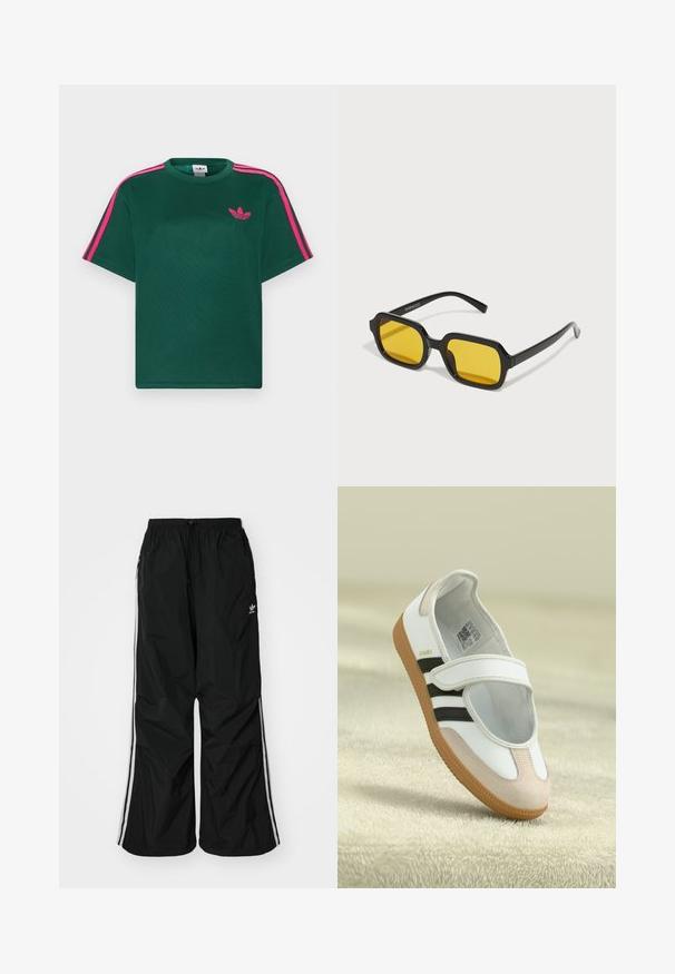 Roheline lühikeste varrukatega T-särk, mille õlgadel on eredapinkid triibud ja rinnal Adidas kolmelehise ristikheina logo.; Mustade tuulekindlad püksid elastse vöökoha ja sisemise nööridega, valged külgmised triibud, vabalt langev lõige, väikese logoga vasakul küljel.; Valge king, millel on roosa sametist varvas, mustad triibud ja Velcro rihm. Omab pruuni kummist talla ja külje peal logo.; Mustad mustad prillid kollaste läätsedega. Omadused hõlmavad paksu raami ja nurgelisi vorme, millel on sile ja läikiv viimistlus.