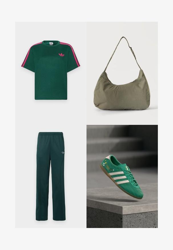 Camiseta verde de manga corta con franjas rosas brillantes en los hombros y el logotipo de trébol de Adidas en el pecho.; Pantalones de chándal verde oscuro hechos de una tela suave, con una cintura elástica y costuras laterales, y un pequeño logo en la parte delantera.; Zapatilla verde con tres franjas blancas, detalles florales, parte superior texturizada y pestaña trasera rosa. Suela de goma para tracción.; Bolso de hombro de tela suave color verde oliva con cierre de cremallera y correa ajustable sobre un fondo liso y claro.