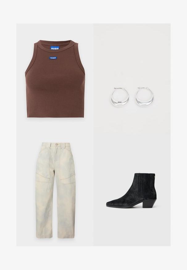 Haut court côtelé marron avec un col rond et des coutures renforcées, avec une étiquette rectangulaire bleue portant le logo HUGO sur le devant.; Pantalon droit beige à rayures taille haute avec poches plaquées à l'avant et détails de couture orange.; Bottine noire à bout pointu, en matériau texturé imitant les cheveux, avec un panneau latéral à nervures et un petit talon carré. Un design simple et moderne.; Boucles d'oreilles en argent avec une finition polie et un branding DKNY, présentées sur un fond blanc uni.