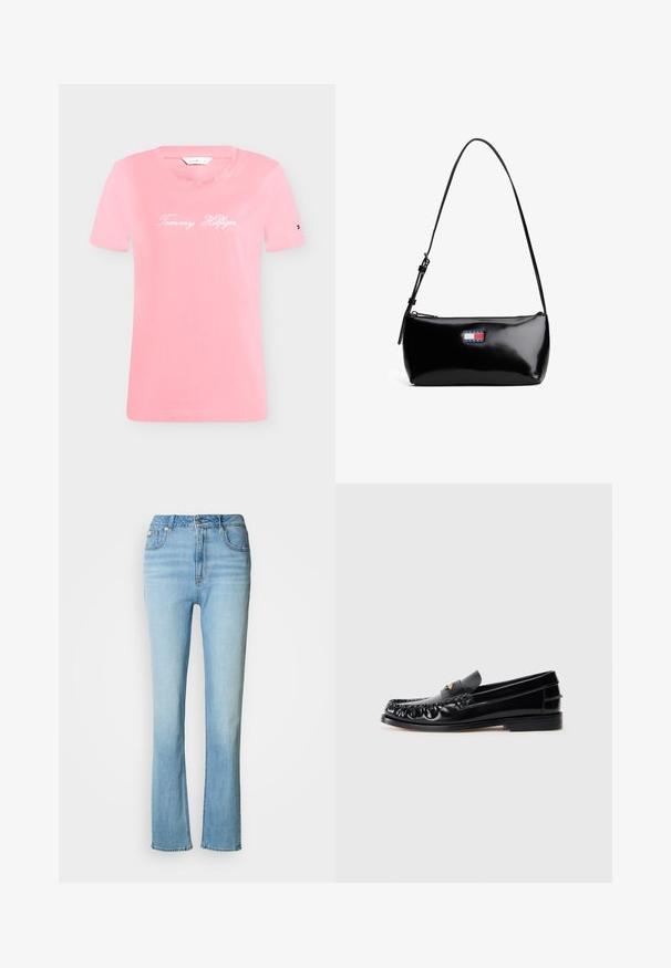 Roze T-shirt met korte mouwen en witte "Tommy Hilfiger" tekst gecentreerd op de voorkant en een klein logo op de linkermouw.; Lichtblauwe denim jeans met een hoge taille, recht gesneden pijpen en een subtiele vervaagde afwerking. Voorzien van steekzakken en een ritsluiting.; Zwarte leren instappers met een ronde neus, decoratieve stiksels en een kleine gouden accent op de wreef. Platte rubberen zool, strak design.; Zwarte gepatineerde leren schoudertas met een gebogen schouderband, ritssluiting en een rechthoekig logo-opdruk in rood, wit en blauw.