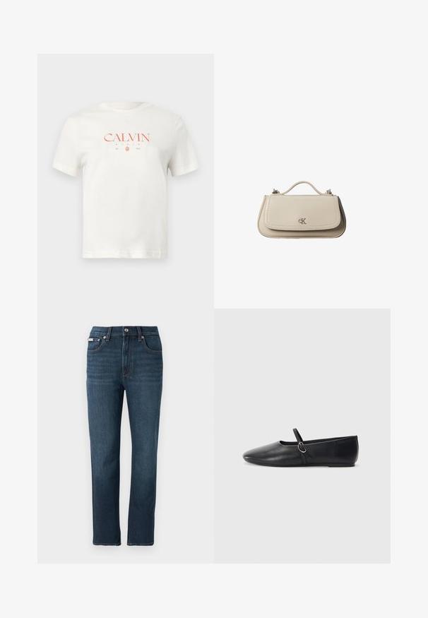 T-shirt en coton blanc avec un logo « CALVIN KLEIN » rouge centré, date de création, manches courtes et un col rond classique.; Jean en denim bleu foncé avec une coupe droite, poches avant, fermeture par bouton et détails de couture subtils sur la taille.; Ballerines noires en cuir avec un bout pointu, une semelle plate et une petite sangle avec un détail de boucle en argent.; Petit sac à main en cuir beige avec poignée supérieure et logo CK argenté sur le rabat avant, présenté sur fond blanc.