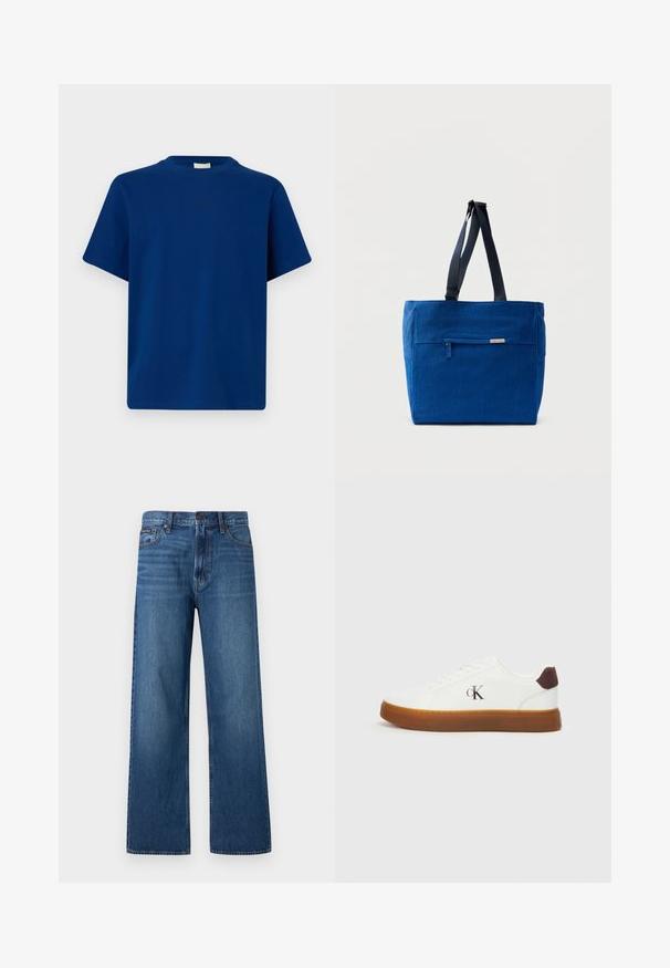 Camiseta azul lisa de manga corta con cuello redondo y un pequeño texto de logo sutil centrado en el pecho sobre un fondo liso.; Vaqueros azules de tiro alto y pierna recta con botón y cremallera delanteros, cinco bolsillos y un pequeño parche de marca en el bolsillo derecho.; Zapatillas blancas con suela de goma, cordones planos y acento de talón de gamuza marrón. Presenta un discreto logo "cK" en relieve en el lateral.; Bolsa de lona azul con un bolsillo frontal con cremallera, correas dobles para el hombro y forma rectangular. Cuenta con una etiqueta de marca sutil.