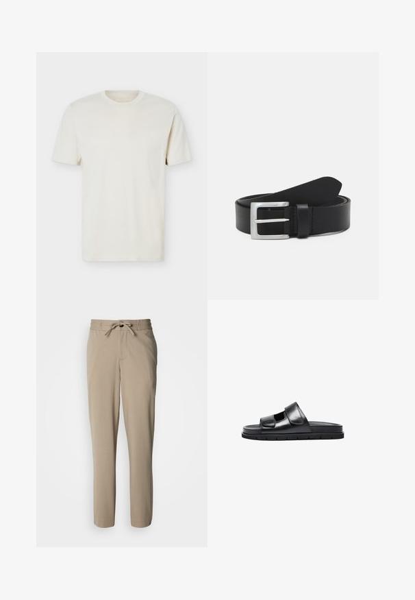 Effen gebroken wit T-shirt met korte mouwen en ronde hals, met subtiel logo op de linkerborst, weergegeven op een effen witte achtergrond.; Beige broek gemaakt van een zachte stof, met een trekkoorden taille en een ontspannen pasvorm, rechte pijpen en zonder zichtbare zakken.; Zwarte leren slide sandaal met een brede verstelbare band, open teen en een gestructureerde zool. Minimalistisch ontwerp met een platte, gevoerde binnenzool.; Zwarte leren riem met een gladde textuur, zilveren rechthoekige gesp en een lus voor het einde. Heeft nette stiksels langs de randen.