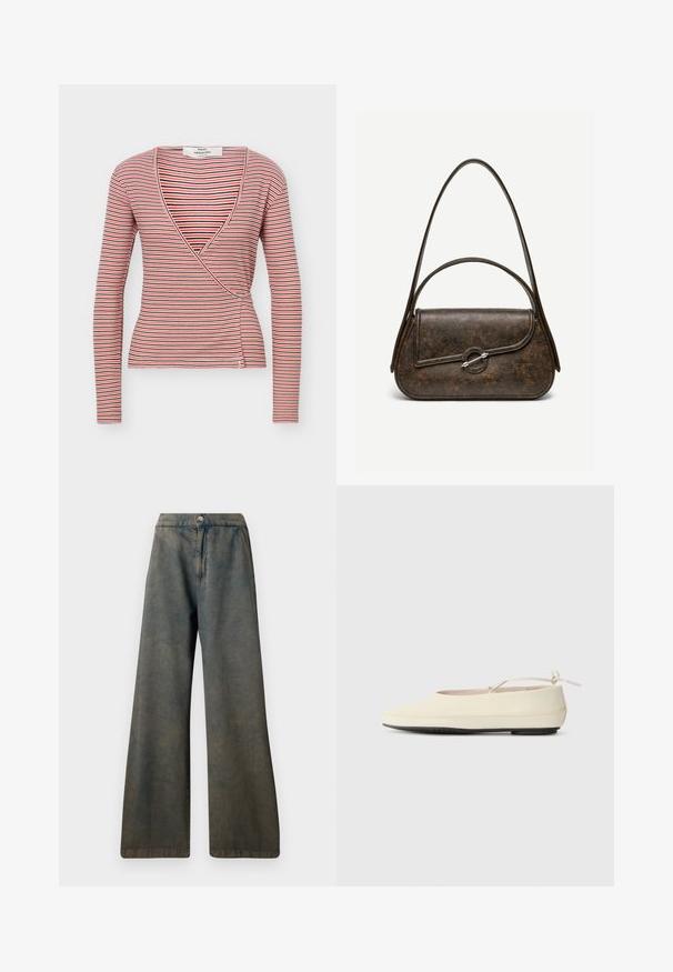 Langærmet slå-om-bluse med røde, sorte og hvide horisontale striber og en dyb V-udskæring.; Mørkeblå vide jeans med høj talje, med lukkning foran med knapper og en diskret tekstur. Stoffet ser let falmet ud.; Cremefarvede flade sko med rund tå, ankelrem og kontrasterende sort gummisål. Glat materiale med minimal detaljer.; Mørkebrun tekstureret læderhåndtaske med to stropper, afrundet rektangulær form og sølvfarvet cirkulært låsespænde på frontklap.