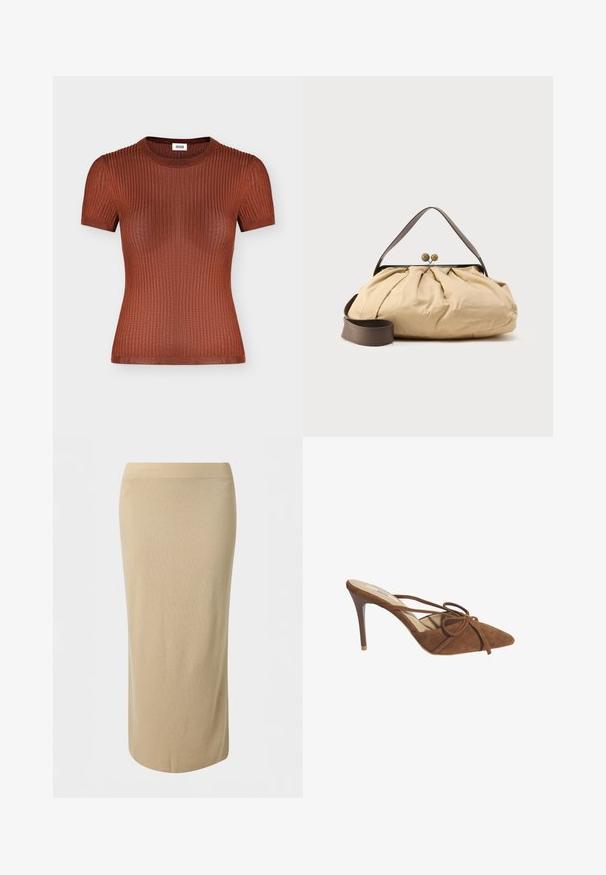 Top met korte mouwen, geribbelde gebreide stof in roestbruin met een ronde hals, aansluitende pasvorm en subtiele textuurdetails.; Beige recht gesneden midirok met een gladde textuur en een aansluitende hoge taille.; Desa Muiltjes met hak - brown; Beige stoffen tas met een geplooid ontwerp, bruine leren handgreep en twee ronde metalen sluitingen aan de bovenkant. Inclusief verstelbare bruine riem.
