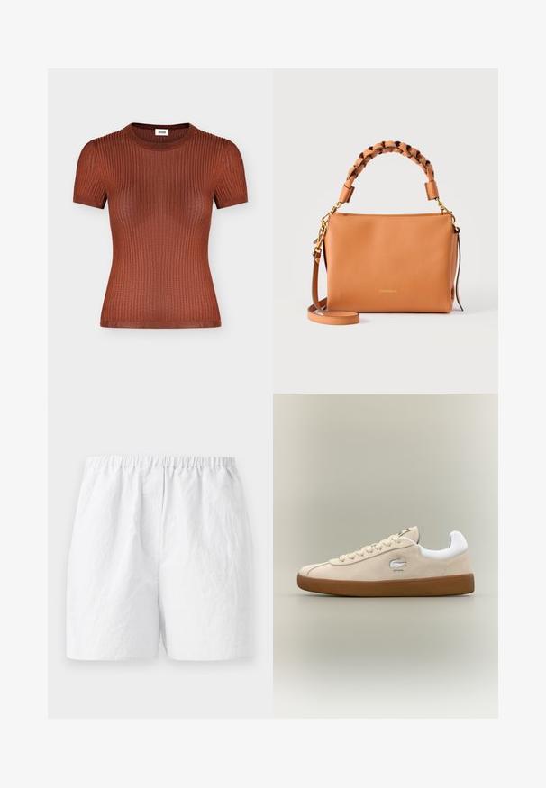 Top met korte mouwen, geribbelde gebreide stof in roestbruin met een ronde hals, aansluitende pasvorm en subtiele textuurdetails.; Witte shorts met een elastische tailleband, voorzien van een textuurstof en een relaxte pasvorm. Eenvoudig ontwerp, zonder patronen of versieringen.; Beige suède sneaker met witte accenten en rubberen zool. Beschikt over een verhoogd logo aan de zijkant en contrasterende beige veters. Klassiek ontwerp.; Handtas van cognackleurig leer met gevlochten bovenhengsel, afneembare schouderriem, gouden beslag en klein geperst merklogo aan de voorkant.