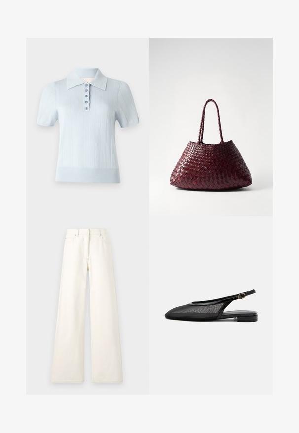 Chemise polo bleu clair à manches courtes avec une texture côtelée, un col plat et une patte de boutonnage à l'avant comportant six boutons assortis.; Pantalons larges de couleur crème en denim avec des coutures visibles et des poches. Le design présente une taille haute et une coupe droite.; Chaussure plate noire à bride arrière, bout pointu, tige en mesh, bride à boucle réglable et petit talon empilé sur fond blanc.; DRAGON DIFFUSION SANTA CROCE BIG - Sac à main - bordo
