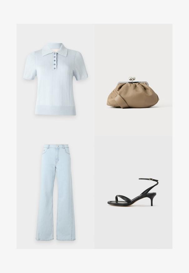 Lyseblå kortærmet polo skjorte med ribbet tekstur, flad krave og en frontplade med seks matchende knapper.; Lysblå denim wide-leg jeans har høj talje, frontlommer og synlige stiksyninger på sømmene og kanten.; Sort damesandal i læder med tynde remme, en tå-loop, ankelspænde og en mellemhøj stiletthæl på en neutral baggrund.; Tanfarvet læderhåndtaske med et samlet design og en sølvfarvet lås. Har en slank, flad rem og en glat tekstur.