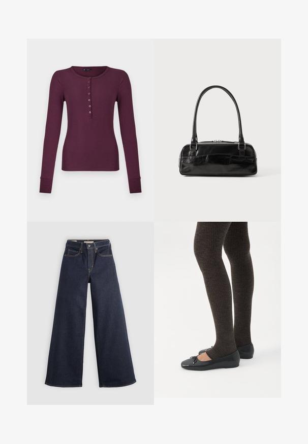Langærmet ribstrikket henley skjorte i mørk plommerød med syv knapper og manchetærmer.; Bredde ben denim jeans i mørkeblå med kontrastsyninger. Har det traditionelle fem-lomme design og en knaplukning ved taljen.; Ben iført mørke ribbede leggings kombineret med sorte balletsko med små sløjfedetaljer på hvid baggrund.; Sort læderhåndtaske med rektangulær form, der har et enkelt struktureret håndtag, sølvhardware og lynlås-lukning. Glat tekstur.