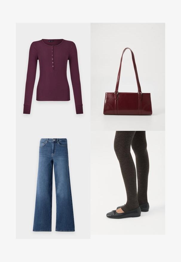 Langærmet ribstrikket henley skjorte i mørk plommerød med syv knapper og manchetærmer.; Bredde ben blå denimjeans med en standard talje, forlommer og en glat tekstur. Ingen synlige mønstre eller udsmykninger.; Ben iført mørke ribbede leggings kombineret med sorte balletsko med små sløjfedetaljer på hvid baggrund.; Bordeaux håndtaske lavet af glansfuldt materiale, rektangulær form, med to skulderremme og subtile buede detaljer på forsiden.