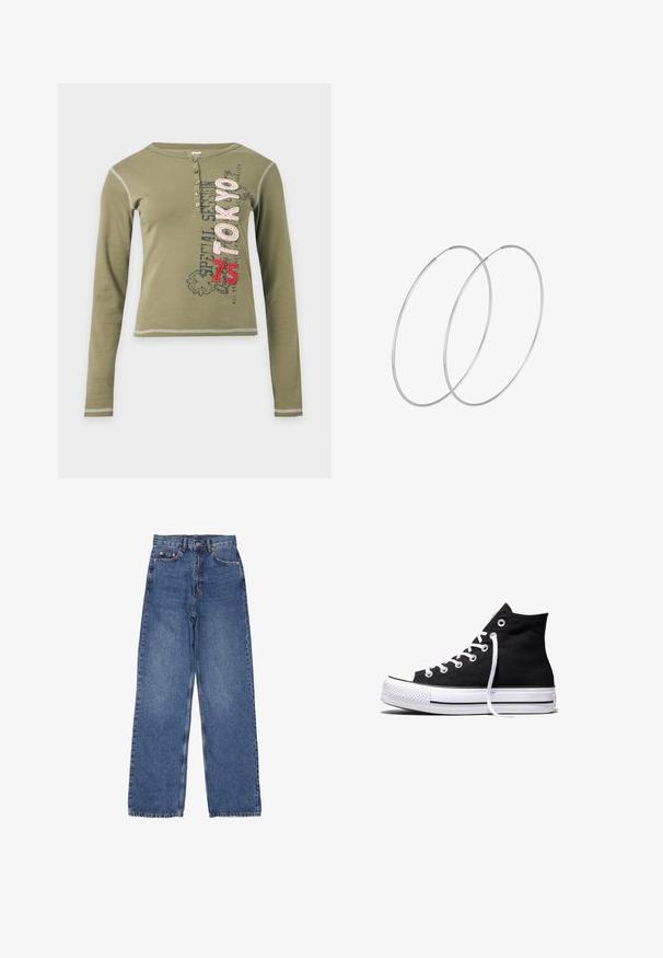 Langærmet olivengrøn henley-shirt med knapstolpe og Tokyo 75-grafik i rød og hvid på fronten.; Denim jeans med høj talje og bred ben, med en klassisk blå vask, synlig syning og metalhardware på frontlommen.; Sort high-top canvas sneaker med hvid gummisål og hvide snørebånd, vist fra siden mod en hvid baggrund.; Sølvøreringe med et minimalistisk design. Cirkulær form, glat tekstur og tynd profil. Letvægtige med en poleret overflade.