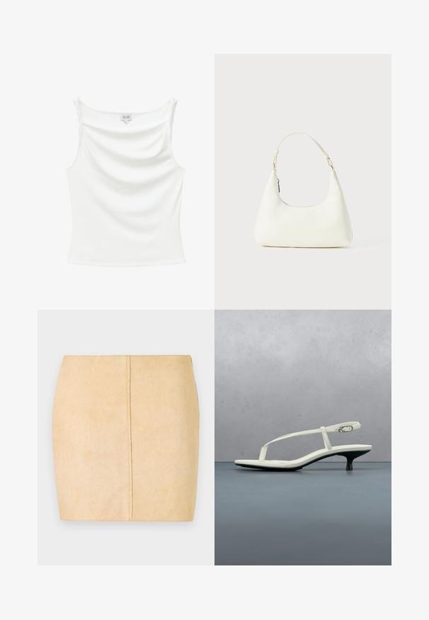 Débardeur blanc sans manches avec un léger décolleté drapé, en tissu lisse, présenté sur un fond uni.; Jupon mini en suède beige offrant une texture lisse, une silhouette ajustée et un détail de couture centrale. Pas de matériel ou d'embellissements visibles.; Sandale blanche à talon kitten avec des lanières et un bout pointu, flottant au-dessus d'un sol en carrelage en bois en plein air avec un arrière-plan flou de plante et de mur.; Petit sac blanc à épaule avec une seule bandoulière ajustable et une fermeture éclair, sur un fond blanc uni.
