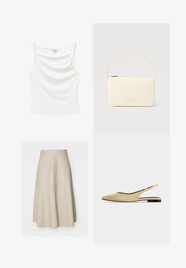 Débardeur blanc sans manches avec un léger décolleté drapé, en tissu lisse, présenté sur un fond uni.; Jupe midi beige en A avec coutures visibles et taille ajustée, réalisée en matériau lisse imitation cuir.; Chaussure plate beige à bout pointu avec bride arrière, petit talon noir et finition en cuir lisse, vue de côté sur un fond uni.; Sac à main rectangulaire de couleur crème avec une seule sangle et une fermeture éclair sur le dessus, comportant une petite plaque de logo embossé à l'avant.