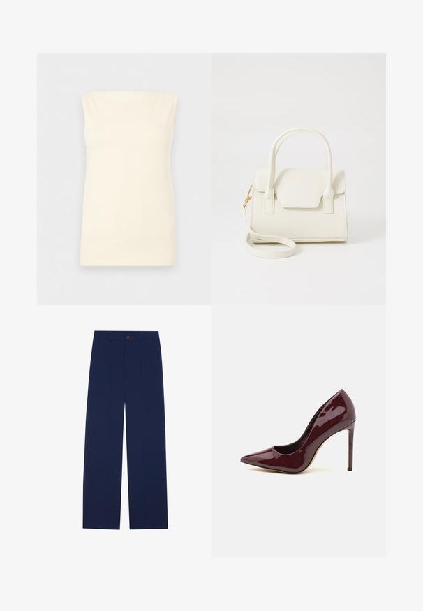 Haut sans manches, crème, ajusté, avec un décolleté droit et une texture lisse sur un fond neutre.; Pantalons larges bleu marine en tissu lisse, dotés de poches avant, d'une fermeture à bouton et d'un design sur mesure avec des plis.; Escarpin en cuir verni bourgogne avec un bout pointu, une finition lisse et un talon aiguille élancé.; Petit sac à main blanc avec doubles poignées, rabat avant et bandoulière amovible avec boucle dorée sur fond blanc uni.