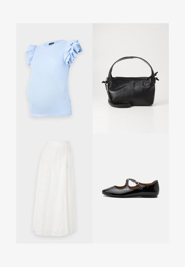 Top de maternité bleu clair en tissu côtelé, avec des manches courtes à volants et un col rond. Conçu pour un ajustement confortable.; Jupe maxi blanche avec une taille élastique, présentant un motif floral texturé et des découpes en dentelle sur l'ensemble du tissu.; Chaussure plate Mary Jane en cuir verni noir avec deux découpes et une bride à boucle dorée sur fond blanc.; Sac à main en cuir noir au design structuré, avec une poignée arrondie et une bandoulière amovible. Présente une texture lisse et un éclat subtil.