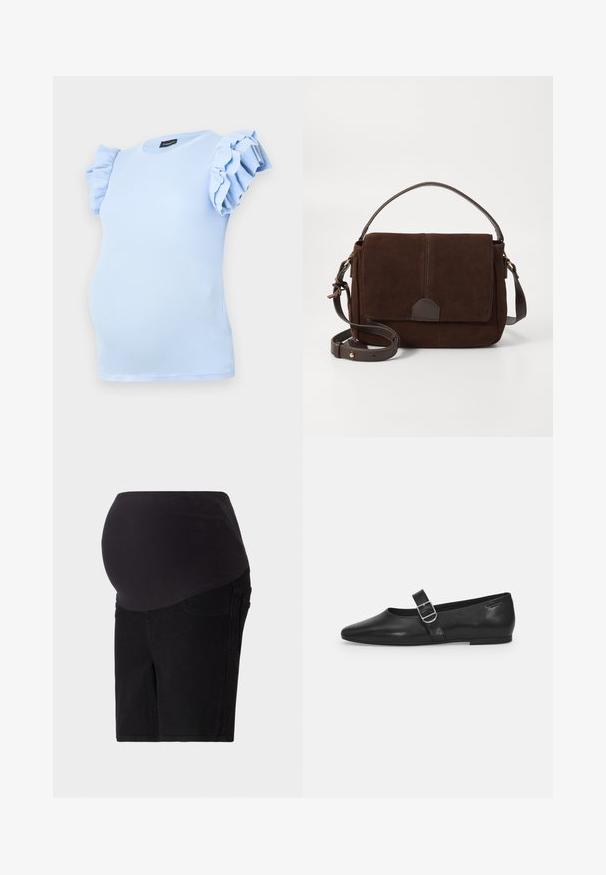 Lyseblå graviditetstrøje lavet af ribbet stof, med korte, flæseærmer og en rund udskæring. Designet til en komfortabel pasform.; Sorte graviditetsshorts med en glat, elastisk talje, designet til komfort. Har en klassisk denimform og sidelommer.; Sorte læder flade sko med rund tå, et enkelt justerbart spænde og en glat, blank overflade. Minimalistisk design med en lav hæl.; Brun ruskinds messenger taske med en flad frontklap, brune læderdetaljer, en justerbar rem og minimalistisk design.