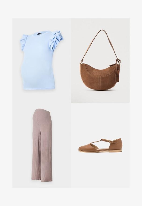 Top de maternidad azul claro hecho de tela acanalada, con mangas cortas y volantes, y un escote redondo. Diseñado para un ajuste cómodo.; Pantalones de pierna ancha de color rosa claro, acanalados, con una cinturilla sin costuras, que presentan un tejido suave y texturizado y una silueta relajada.; Zapato plano de cuero marrón con un diseño recortado, correa en el tobillo y suela de madera clara. Presenta una punta redondeada y una textura suave.; Bolso de ante marrón con forma curva de media luna. Cuenta con una correa para el hombro, una pequeña etiqueta y costuras visibles a lo largo de los bordes.