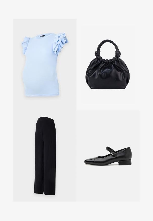 Top de maternité bleu clair en tissu côtelé, avec des manches courtes à volants et un col rond. Conçu pour un ajustement confortable.; Even&Odd Maternity by Zalando FULL LENGTH WIDE RIB PANTS M-EV4_SS22_2-1-A_011 - Wide Leg - black; Chaussures Mary Jane en cuir noir avec un embout en vernis, une sangle cheville réglable et un petit talon carré. Texture lisse et design élégant.; Sac à main en cuir noir souple avec le dessus froncé et deux grosses poignées nouées sur un fond uni clair.