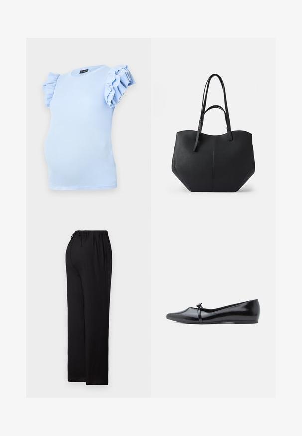 Top de maternidad azul claro hecho de tela acanalada, con mangas cortas y volantes, y un escote redondo. Diseñado para un ajuste cómodo.; Pantalones negros de corte relajado hechos de tejido ligero. Cuentan con una cinturilla elástica con cordón, diseño de pierna recta y dobladillo plano.; Bailarina de charol negro con punta afilada, correa decorativa y textura lisa. Diseño minimalista sin adornos visibles.; Bolsa tote negra de cuero liso y texturizado, con parte superior redondeada y dobles asas largas. Presenta una base angular para estabilidad y un diseño estructurado.