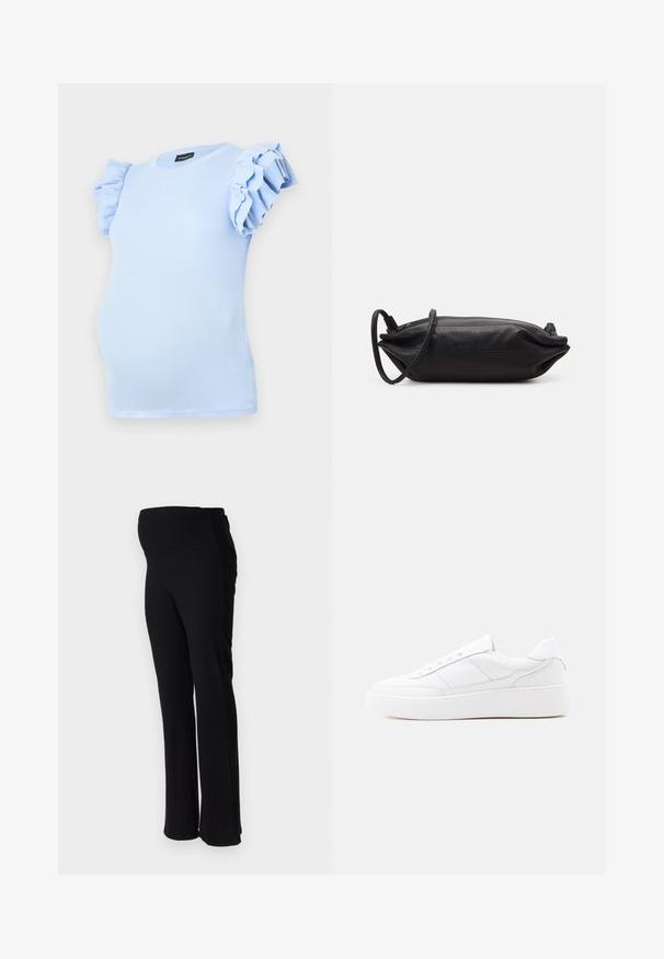 Lichtblauw zwangerschaps T-shirt van ribstof, met korte, gerimpelde mouwen en een ronde halslijn. Ontworpen voor een comfortabele pasvorm.; ONLY MATERNITY OLMHALLE - Broek - black; Witte lage sneaker met dikke zool, veterontwerp en subtiele stikselaccenten op een effen lichte achtergrond.; Zwarte leren clutch met een rechthoekige vorm, gladde textuur, dunne schouderband en minimalistisch ontwerp.