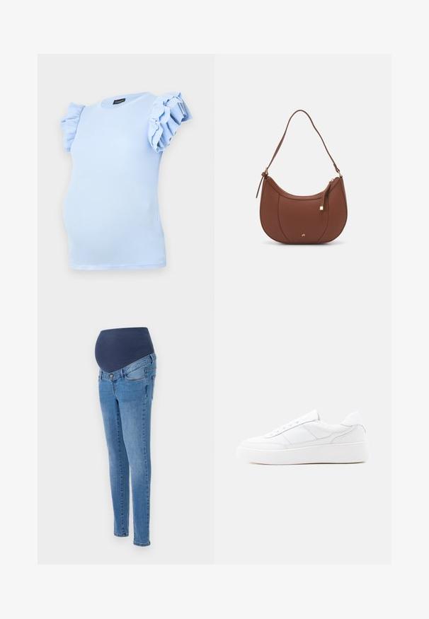 Lyseblå graviditetstrøje lavet af ribbet stof, med korte, flæseærmer og en rund udskæring. Designet til en komfortabel pasform.; Graviditetsjeans med en blå elastisk talje og slim-fit ben, lavet af lys blå denim med lidt falmning og standard baglommer.; Hvid lavtop-sneaker med tyk sål, snørelukning og diskrete syningsdetaljer på en ensfarvet lys baggrund.; Brun faux læder skuldertaske med buet form, minimal syning og en guldtonet hardwaredetalje. Har en top lynlåslukning og justerbar rem.