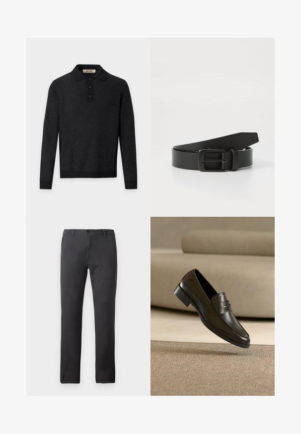 Polo noir à manches longues avec motif texturé, poignets et ourlet côtelés, et patte de boutonnage à trois boutons sur fond gris clair.; Pantalon noir en tissu lisse, avec une coupe droite, des poches avant et une fermeture par bouton. Style minimaliste et polyvalent.; Mocassin en cuir noir flottant au-dessus d'un tapis beige avec un canapé beige en arrière-plan, mettant en valeur le design classique pour hommes sans lacets.; Ceinture en cuir noir avec une boucle en métal noir mat, présentant une texture lisse et un design simple. Longueur réglable avec une extrémité effilée.