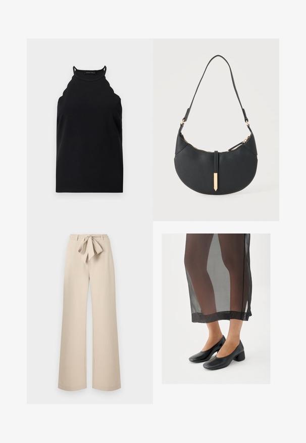 Top noir sans manches à col halter avec bords festonnés et fines bretelles, présenté sur un fond clair uni.; Pantalon beige taille haute à jambes larges avec une ceinture en tissu nouée en nœud à la taille, présenté sur un fond uni.; Chaussures noires à talons blocs avec une finition en cuir lisse, portées avec une jupe noire transparente à ourlet net et design minimaliste.; Sac à main noir en forme de croissant avec une bandoulière unique, une fermeture éclair dorée et une languette décorative rectangulaire dorée à l'avant.