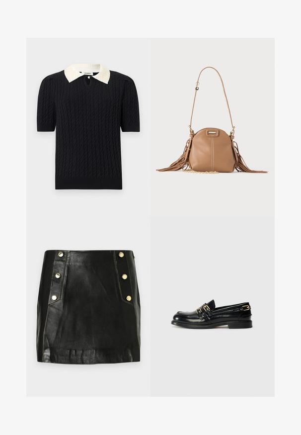 Haut noir en maille à manches courtes avec motif torsadé, doté d'un col pointu blanc orné de perles et d'une petite ouverture frontale avec bouton.; Mini jupe en cuir noir au design ajusté, avec des boutons dorés sur un côté et des détails de couture visibles. Texture lisse.; Mocassins en cuir noir avec une finition brillante, dotés de deux boucles dorées et d'un talon bas. Texture lisse avec un design à bout arrondi.; Petit sac à bandoulière en cuir fauve avec longue bandoulière, détail chaîne dorée et franges des deux côtés sur un fond neutre.