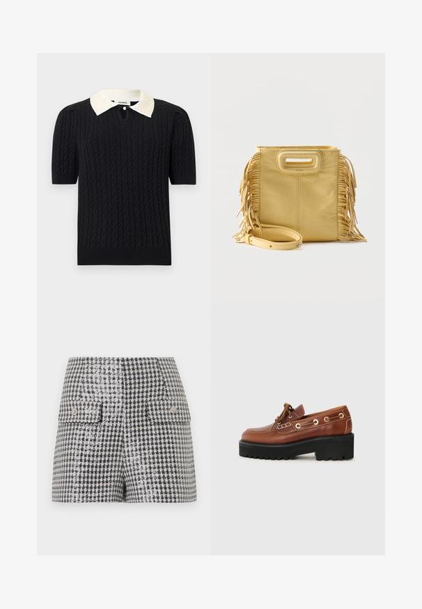 Haut noir en maille à manches courtes avec motif torsadé, doté d'un col pointu blanc orné de perles et d'une petite ouverture frontale avec bouton.; Mini-jupe à motif pied-de-poule noir et blanc avec deux poches avant à rabat et boutons décoratifs.; Chaussure en cuir brun avec un bout arrondi, des coutures décoratives, des éléments en métal et une semelle noire épaisse avec une texture anti-dérapante.; Sac à main en cuir jaune avec détails à franges sur les côtés, poignée découpée rectangulaire et bandoulière amovible placée à l'avant.