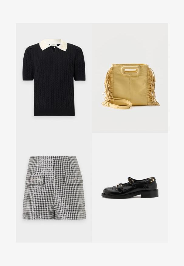 Haut noir en maille à manches courtes avec motif torsadé, doté d'un col pointu blanc orné de perles et d'une petite ouverture frontale avec bouton.; Mini-jupe à motif pied-de-poule noir et blanc avec deux poches avant à rabat et boutons décoratifs.; Chaussures en cuir noir avec détails de brogue, dotées de deux sangles à boucle, d'un bout arrondi et d'un talon bas. Texture lisse avec finition brillante.; Sac à main en cuir jaune avec détails à franges sur les côtés, poignée découpée rectangulaire et bandoulière amovible placée à l'avant.