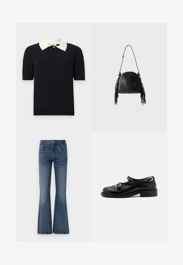 Zwart, kort mouw gebreid top met kabelpatroon, voorzien van een witte puntige kraag versierd met parels en een kleine sleutelgatknop aan de voorkant.; Flared blauwe denimjeans met een medium hoge taille, voorzien van voor- en achterzakken en een subtiele vervaagde was.; Zwarte leren schoenen met brogue-details, voorzien van twee gespsluitingen, een ronde neus en een lage hak. Glad oppervlak met een glanzende afwerking.; Zwarte leren handtas met een gebogen vorm, lange verstelbare band en franjes aan beide zijden tegen een lichte achtergrond.